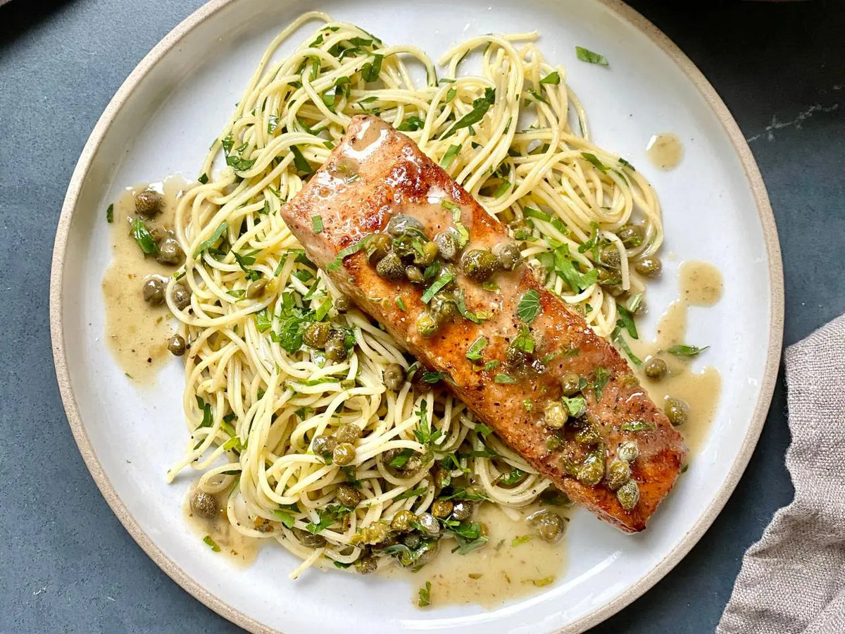 Salmon Piccata with Spaghetti Piccata and Spinach