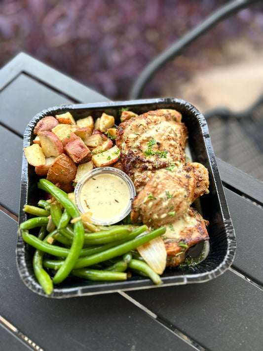 Lemon Herb Chicken Thighs with Roasted Potatoes and Sauteed Green Beans