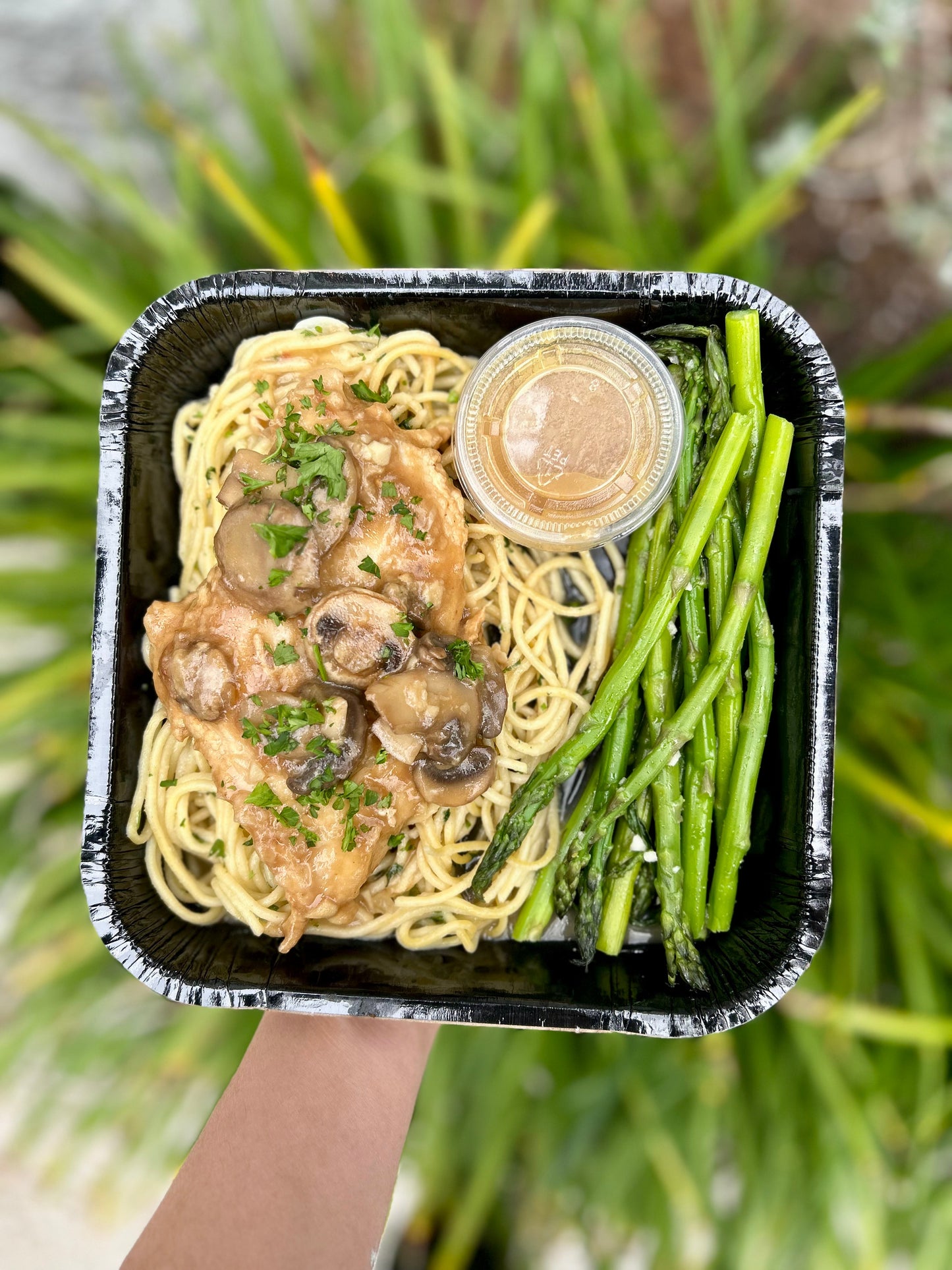 Chicken Marsala with Garlic Herb Pasta and Poached Asparagus