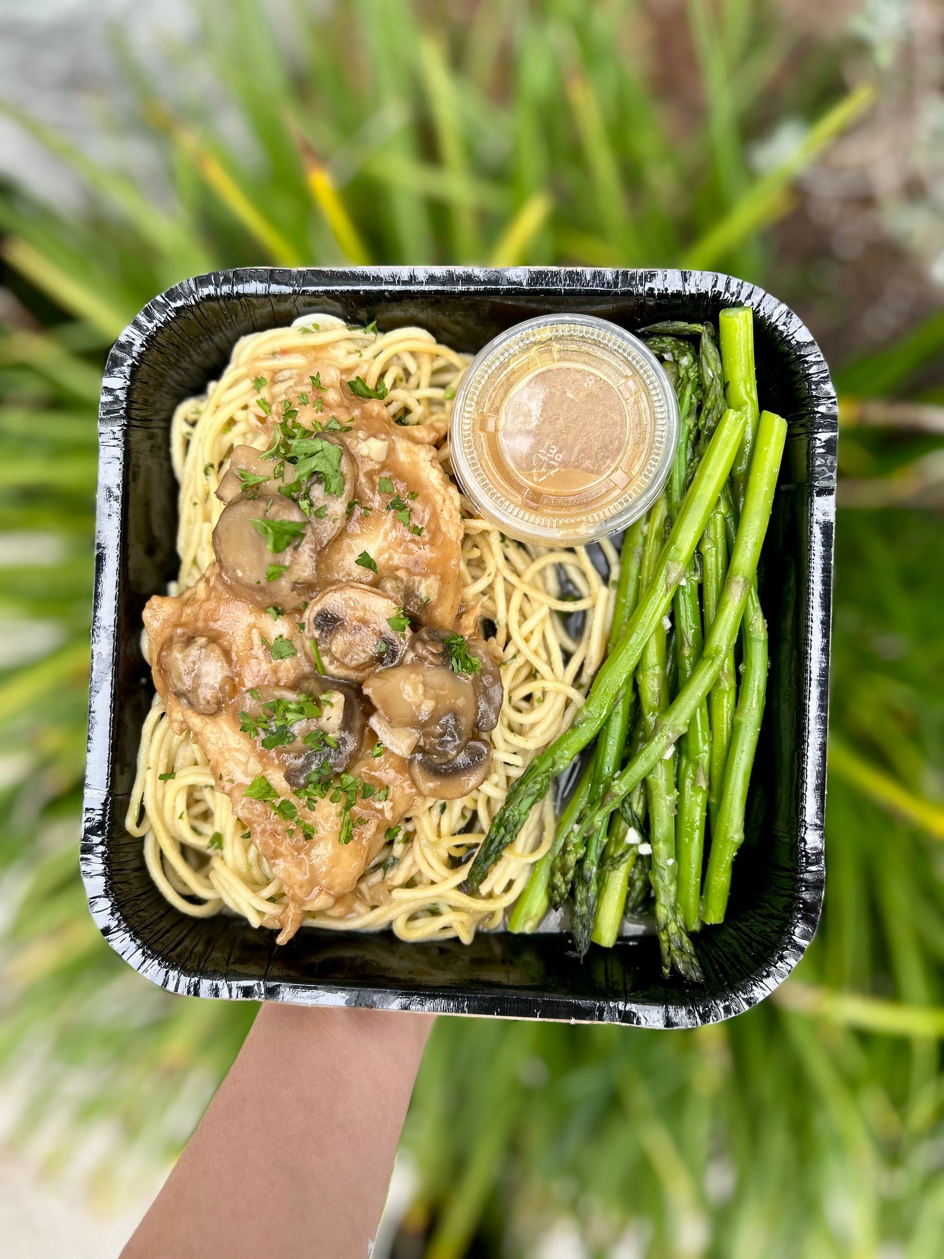 Chicken Marsala with Garlic Herb Pasta and Poached Asparagus