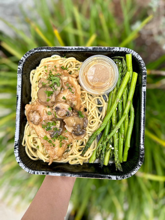 Chicken Marsala with Garlic Herb Pasta and Poached Asparagus
