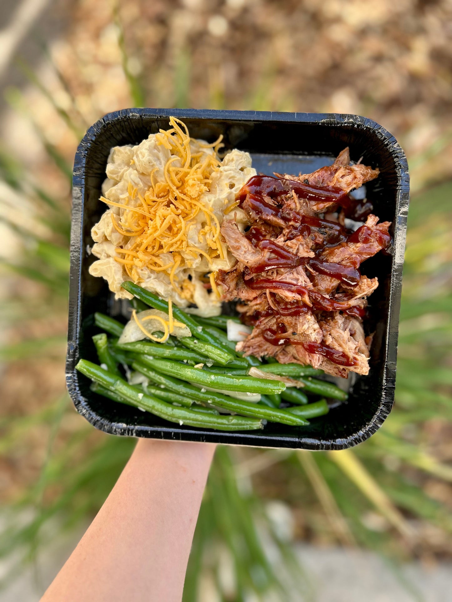 BBQ Pulled Pork with Four Cheese Mac and Sauteed Green Beans
