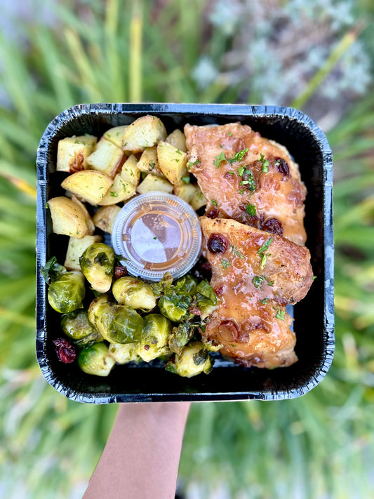 Cranberry Orange Glazed Chicken Thighs with Herb Roasted Potatoes and Cranberry Pecan Brussels Sprouts