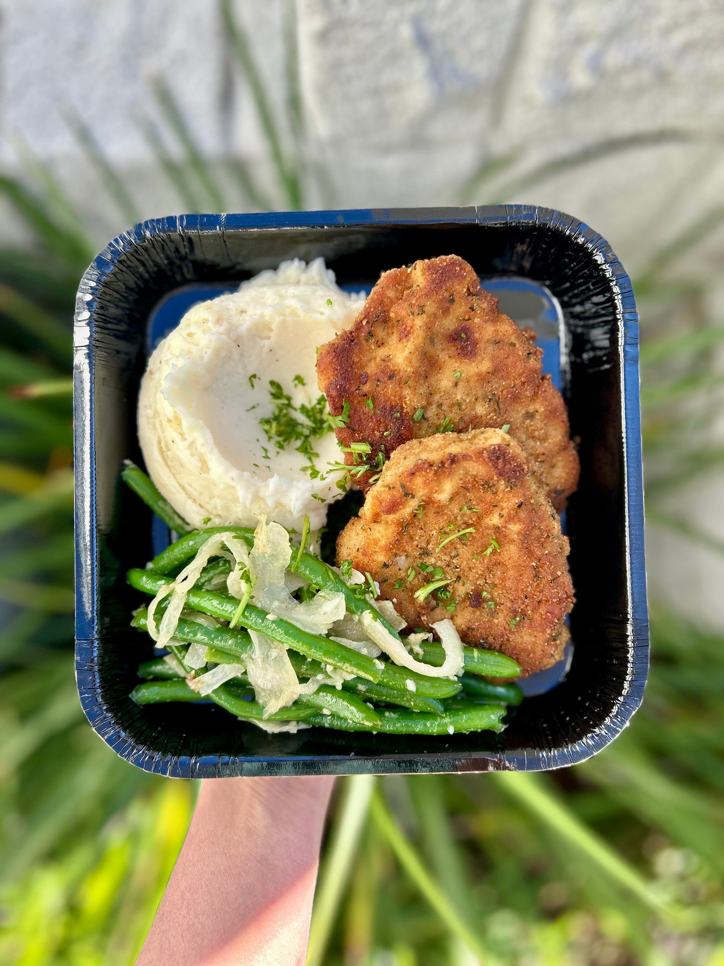 Pork Schnitzel with Mashed Potatoes and Sauteed Green Beans