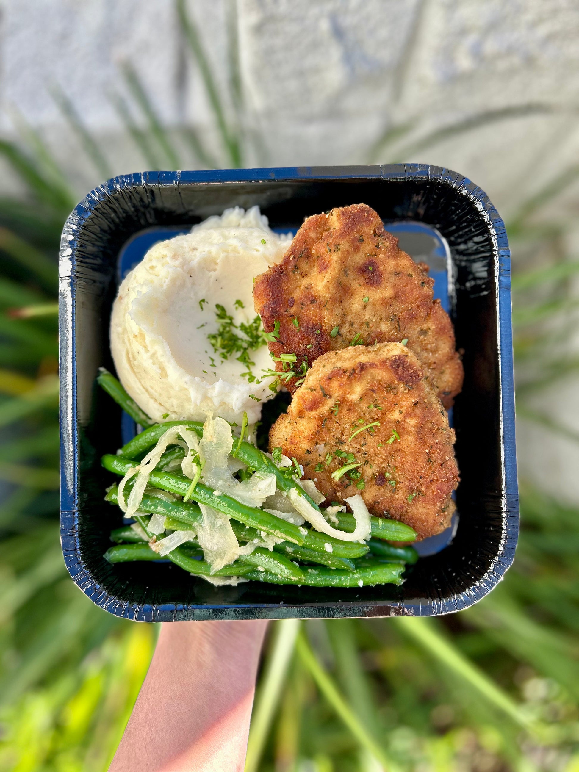 Pork Schnitzel with Mashed Potatoes and Sauteed Green Beans