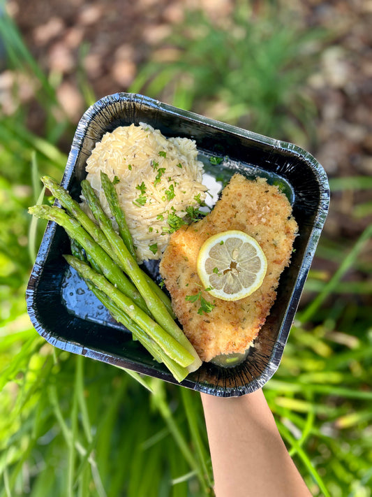 Chicken Franchaise with Creamy Lemon Orzo and Poached Asparagus