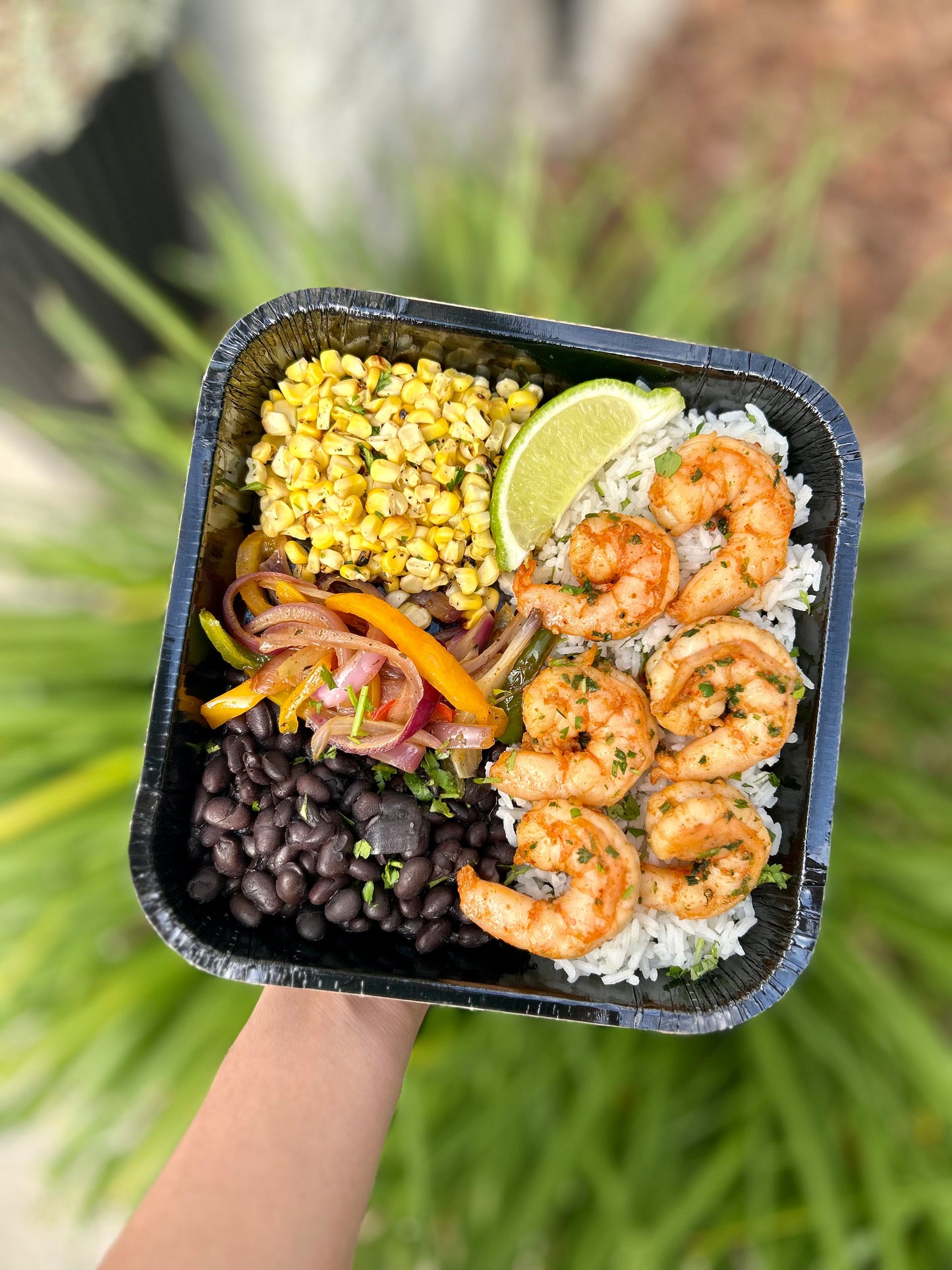 Shrimp Fajita Bowl with Cilantro Lime Rice, Grilled Corn, Black Beans, and Sauteed Peppers & Onions
