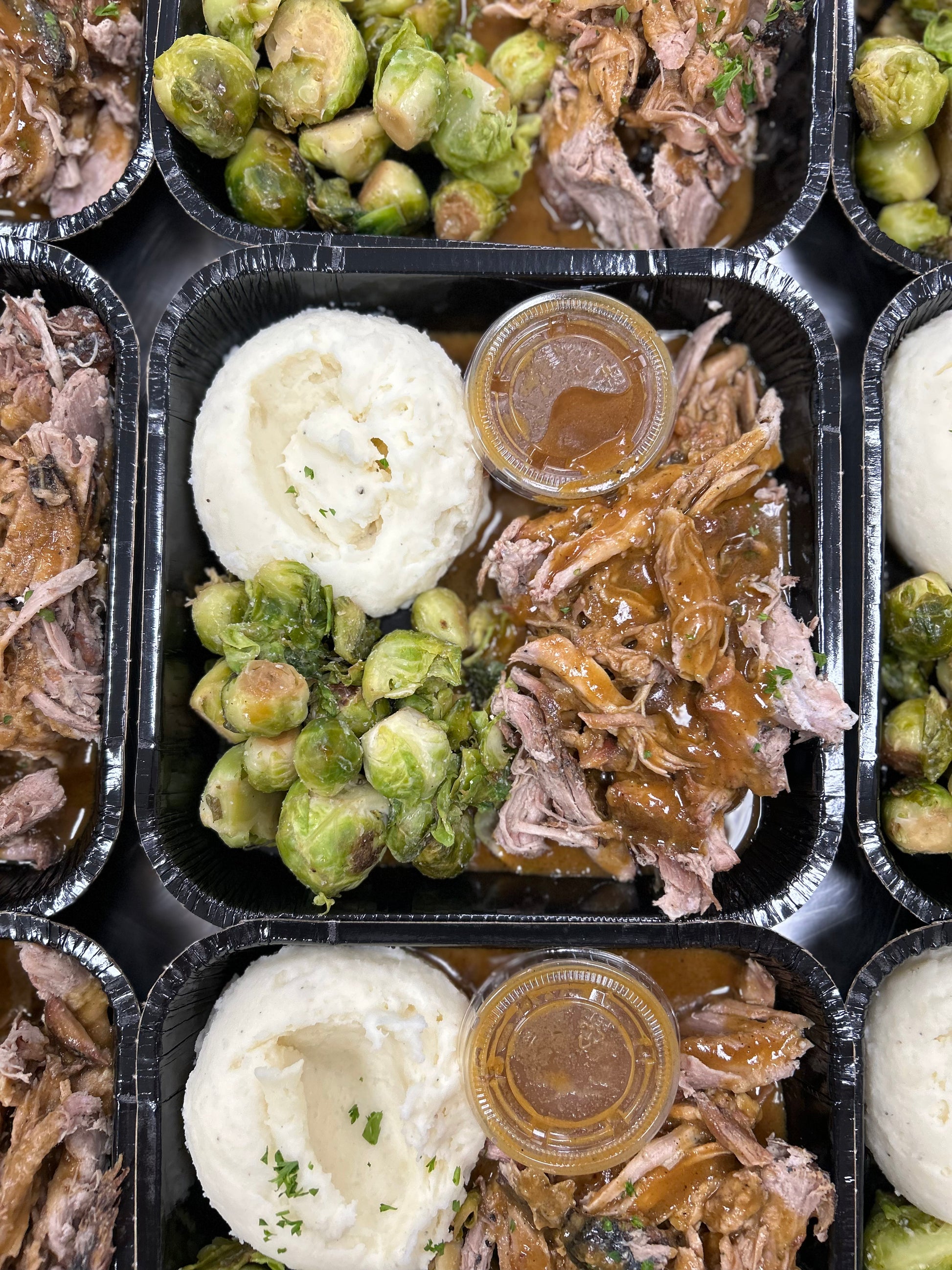 Apple Cider Braised Pork Shoulder with Roasted Brussels Sprouts and Mashed Potatoes