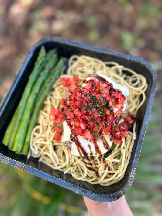 Bruschetta Chicken with Garlic Herb Pasta and Asparagus
