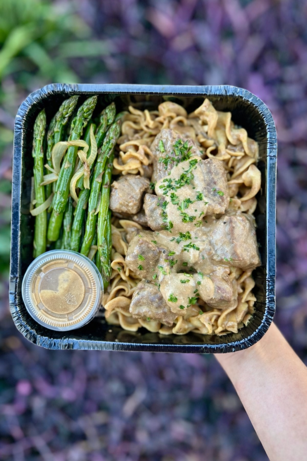 Beef Stroganoff with Egg Noodles and Poached Asparagus