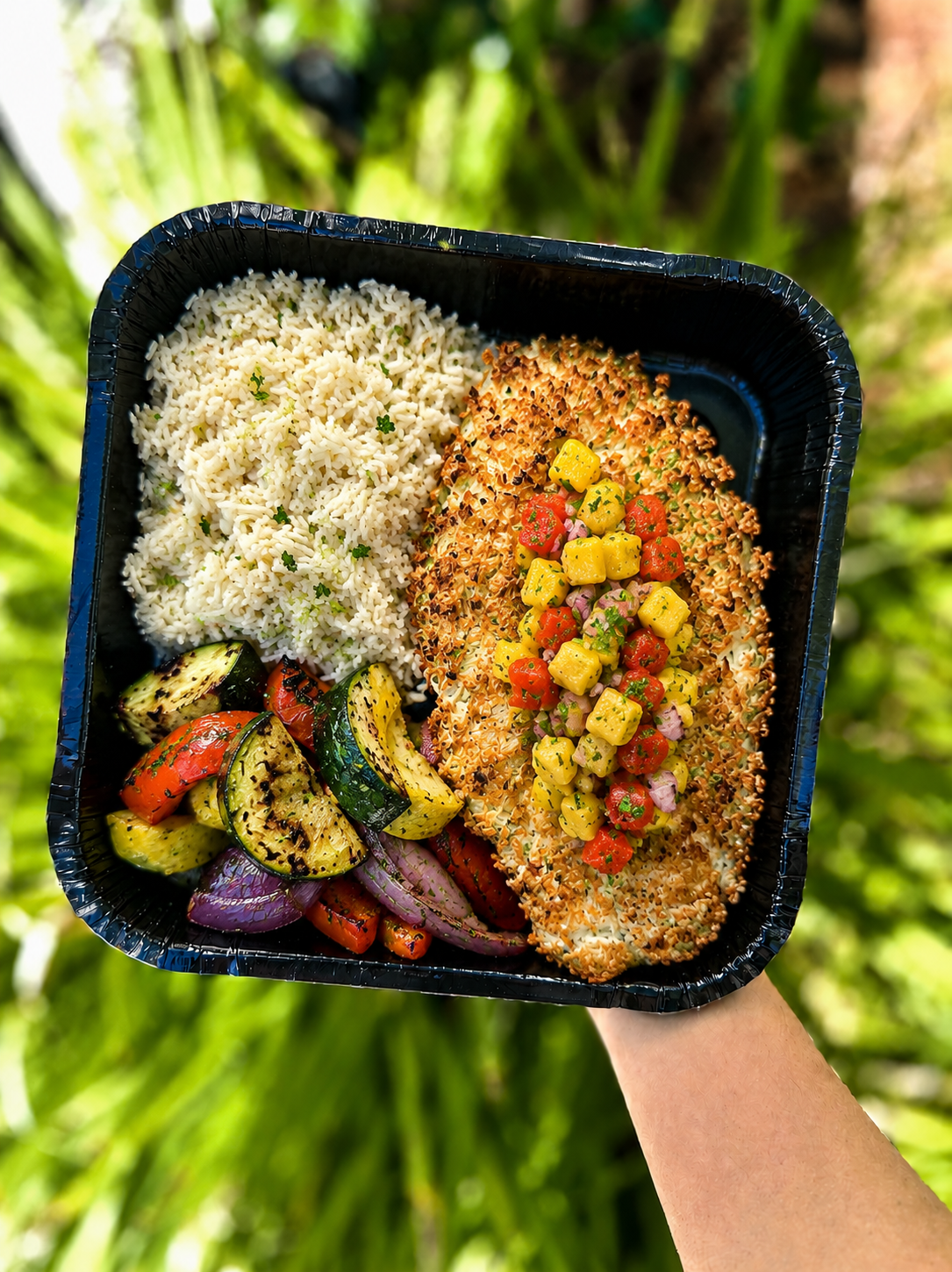 Coconut Crusted Snapper with Mango Salsa, Rice Pilaf, and Grilled Vegetables