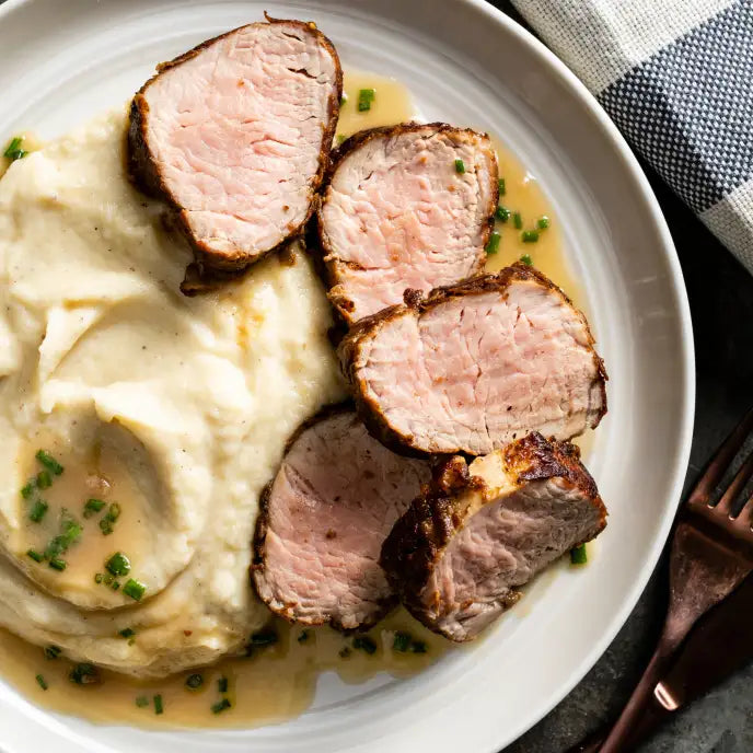 Pork Tenderloin with Mushroom Duxelles, Mashed Potatoes and Poached Asparagus
